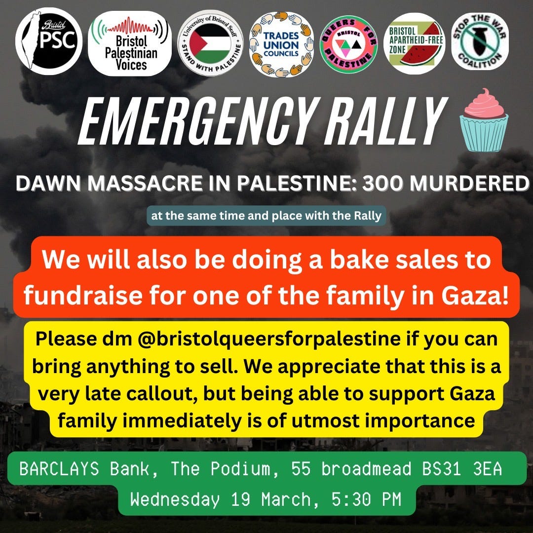 This Saturday a rally at Barclays Bank in Bristol - a social media post