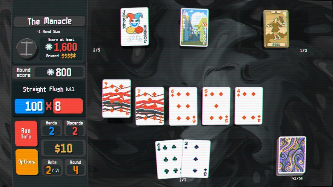 A screenshot from Balatro showing a hand scored as a Straight Flush. 9, 7, 6, 5, and 4 of Diamonds are displayed.