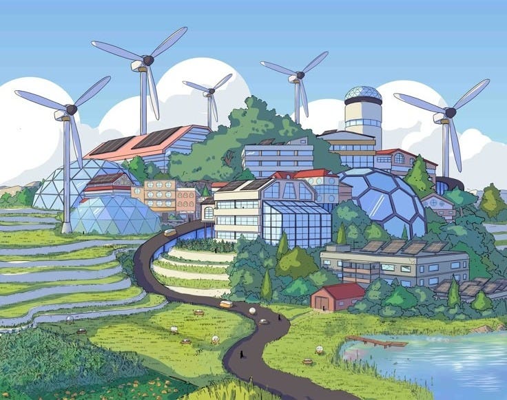 This may contain: an image of a cartoon city with windmills in the sky and trees around it