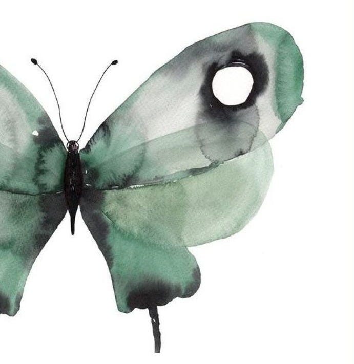 This may contain: a watercolor painting of a green butterfly with black spots on it's wings