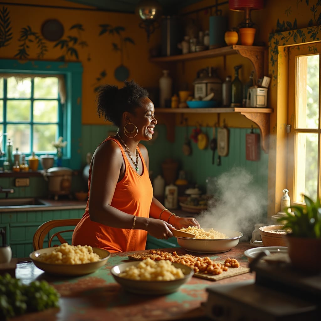 A Jamaican woman in a warm, inviting kitchen, surrounded by vibrant island decor, warmly smiles as she prepares a traditional meal, evoking the spirit of community and connection that defines Nyam, captured in a cinematic film still, reminiscent of the works of Roger Deakins, Emmanuel Lubezki, and Bradford Young, with a warm, golden color palette