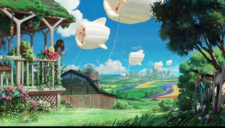 This may contain: an anime scene with paper lanterns floating in the air over a lush green field and farm land