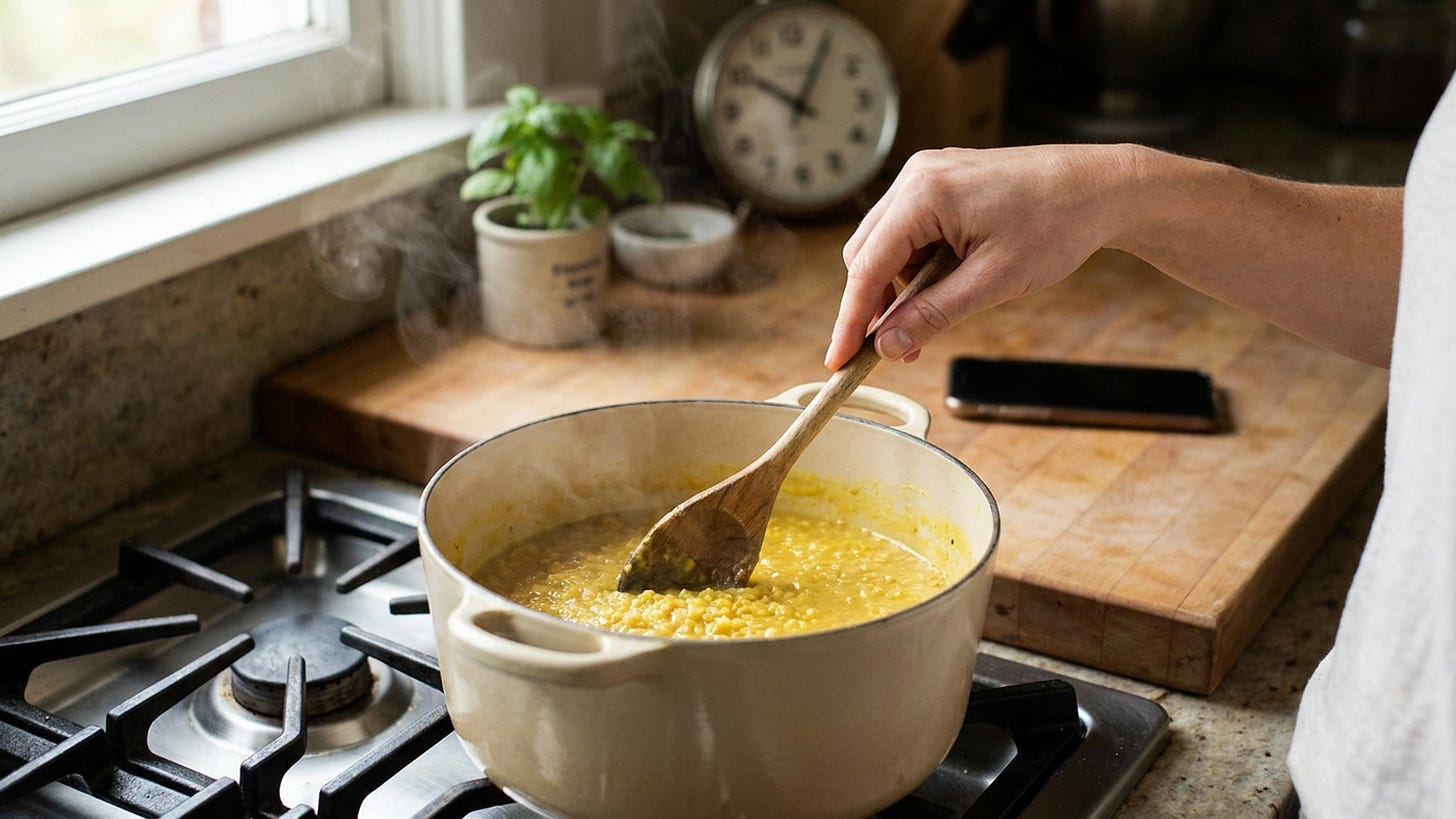 Hands stirring a pot of yellow kitchari on a gas stovetop, steam rising, a kitchen timer and phone blurred softly in the background. Warm amber light, mid-cook.