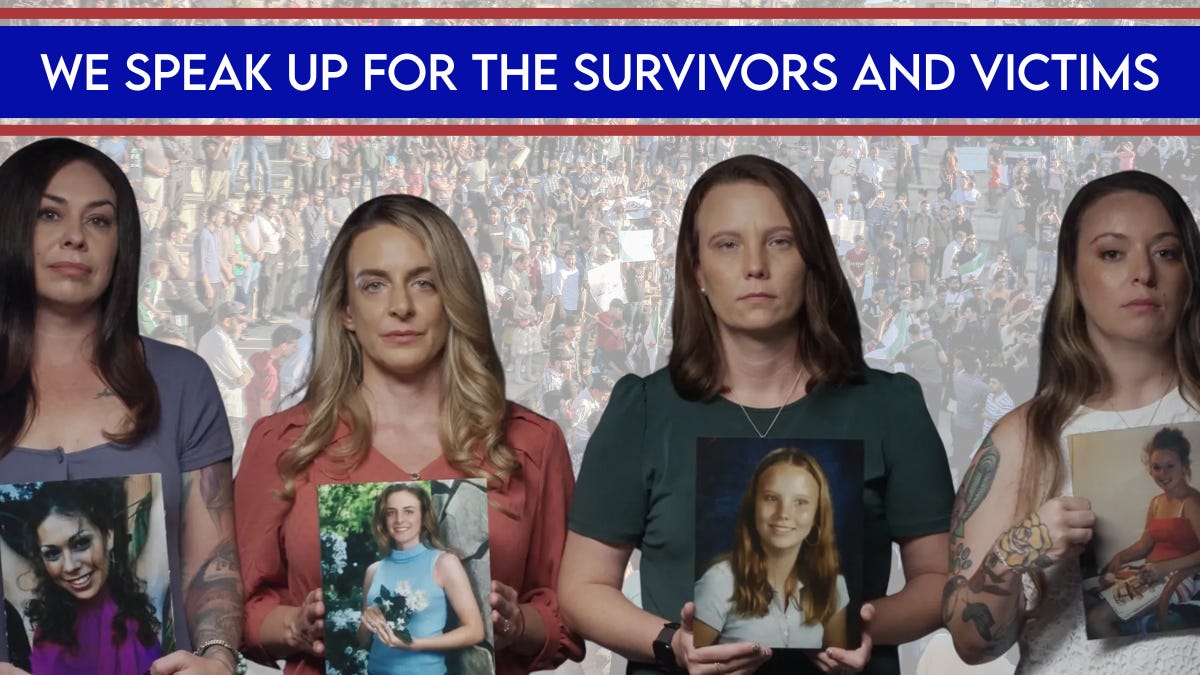 Image of four women standing in front of a blurred protest crowd, each holding a photo of a victim of Jeffrey Epstein. The banner above them reads, ‘We speak up for the survivors and victims.’ The women appear solemn, emphasizing solidarity with survivors and the demand for justice in the Epstein case.