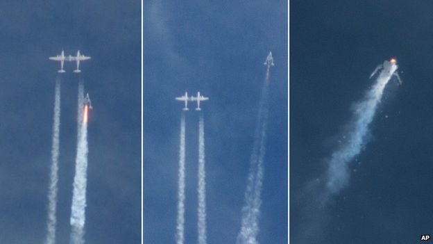 The Virgin Galactic SpaceShipTwo rocket explodes in the air during a test flight - 31 October 2014