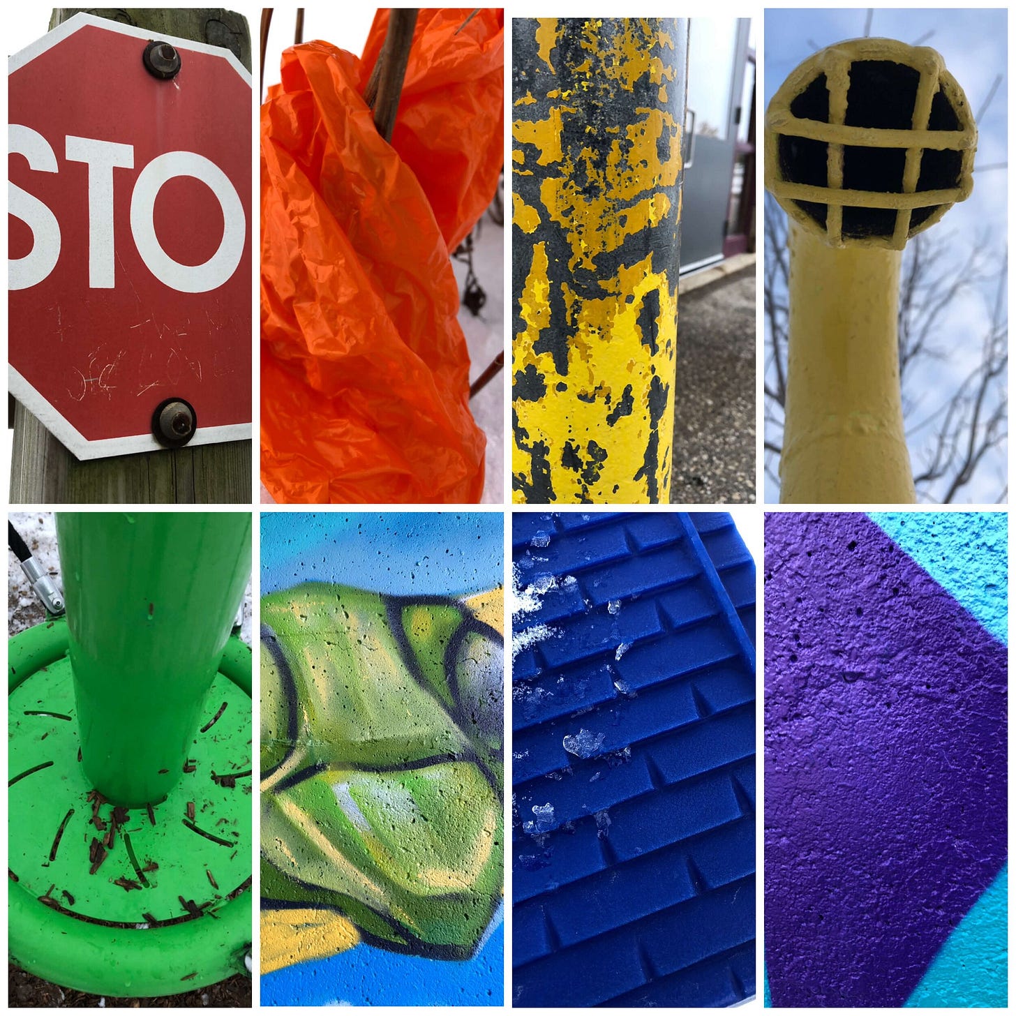 The pictures you see here are samples from a couple of my “rainbow walks”. That’s where I dare myself to look for items that match the colours in a rainbow. I try to not use the same object more than once and they all have to be found along the chos…