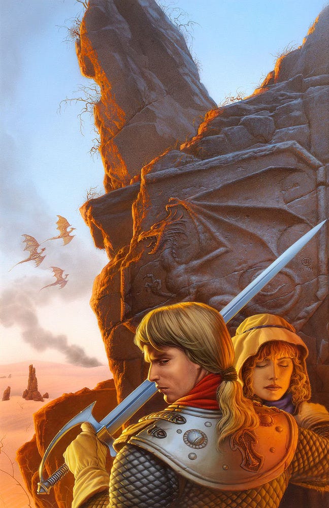 Behind the cover of rock carved with a dragon in bas relief, an armored man stands protectively with his hand resting on the shoulder of a redheaded woman. Her eyes are closed solemnly. His sword is drawn as he glances back with slitted eyes. A plume of gray smoke marks the desert sky as a trio of dragons glide overhead.
