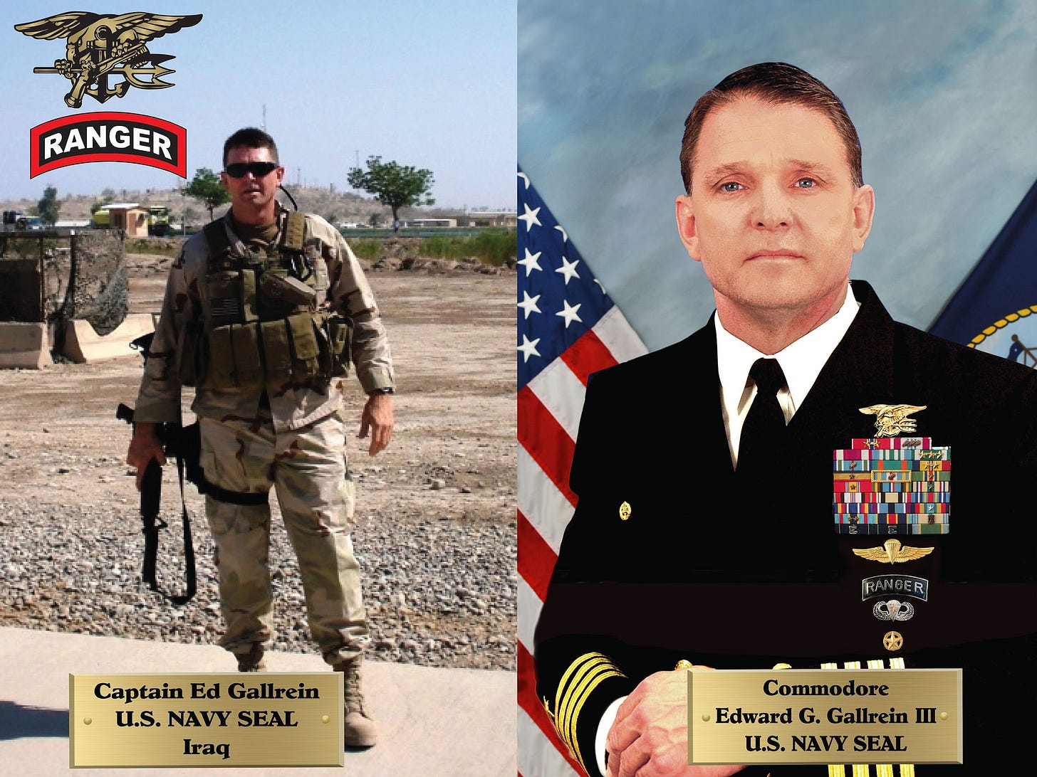 May be an image of text that says 'RANGER Captain Ed Gallrein U.S.NAVYSEAL u.s. NAVY SEAL Iraq ·期糖 Commodore Edward G. Gallrein U.S.NAVYSEAL u.s. NAVY SEAL'