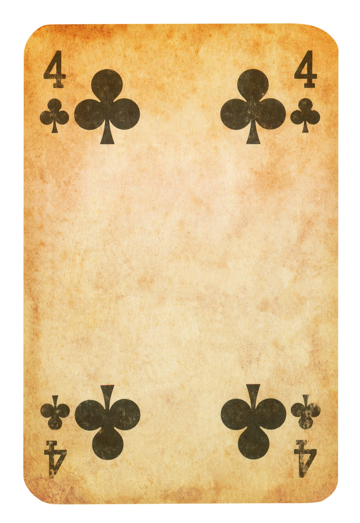 A distressed and worn out Four of Clubs playing card.