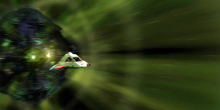 Borg Sphere pursues the Delta Flyer through Borg Transwarp Conduit in Voyager Dark Frontier