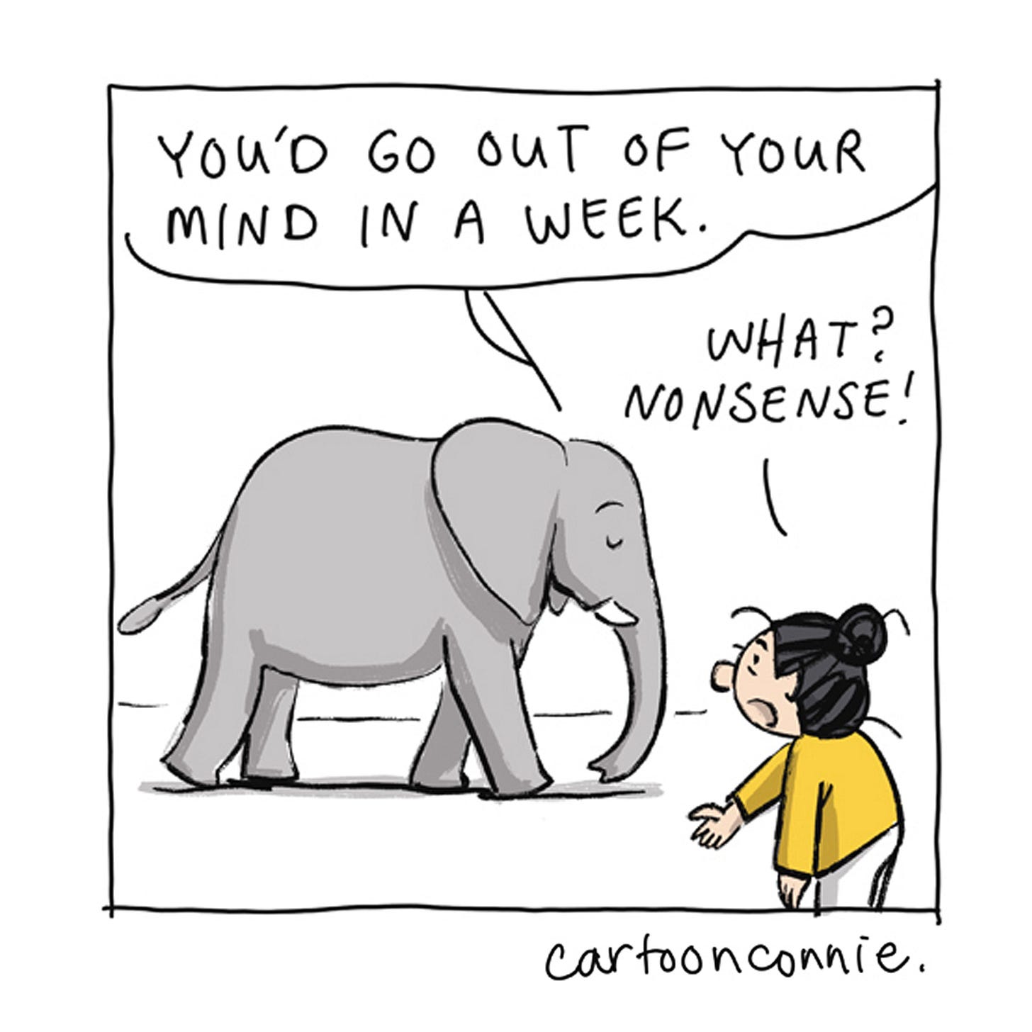 Panel 4/6 of a humorous 6-panel comic strip about self-reliance, in which an introverted character tests out the tension between needing and not needing other people. Titled "Introvert Productivity," 2026. Original artwork by Connie Sun, cartoonconnie. Panel 4/6 of a humorous 6-panel comic strip about self-reliance, in which an introverted character tests out the tension between needing and not needing other people. Titled "Introvert Productivity," 2026. Original artwork by Connie Sun, cartoonconnie.