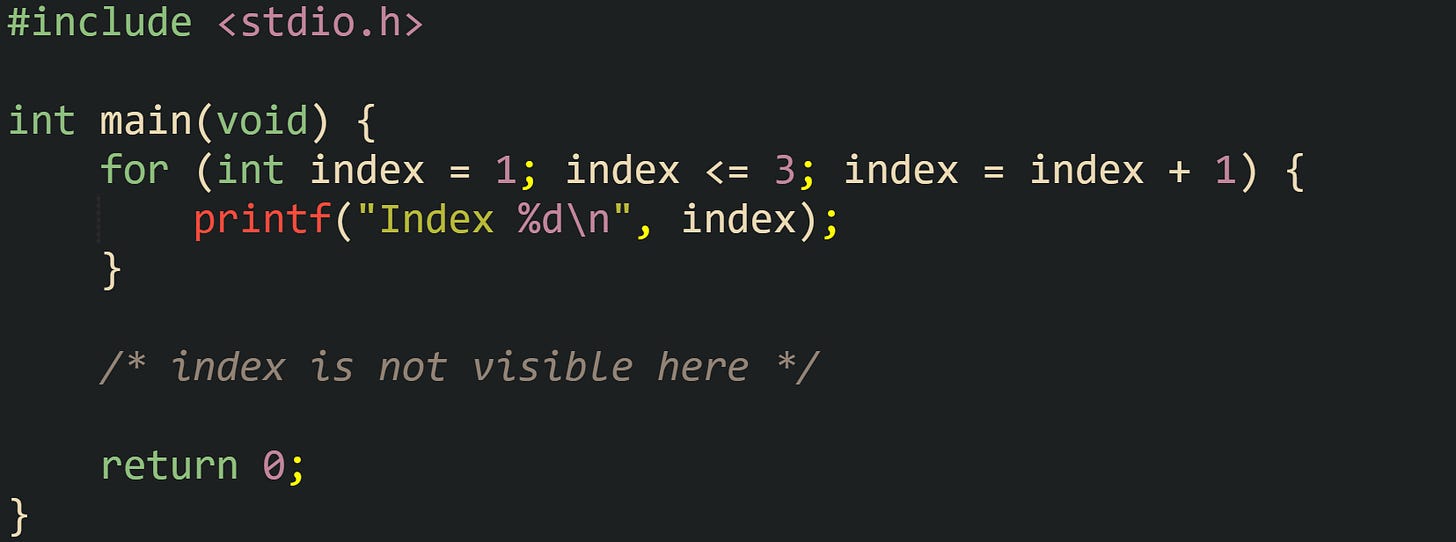 #include <stdio.h> int main(void) { for (int index = 1; index <= 3; index = index + 1) { printf("Index %d\n", index); } /* index is not visible here */ return 0; } #include <stdio.h> int main(void) { for (int index = 1; index <= 3; index = index + 1) { printf("Index %d\n", index); } /* index is not visible here */ return 0; }