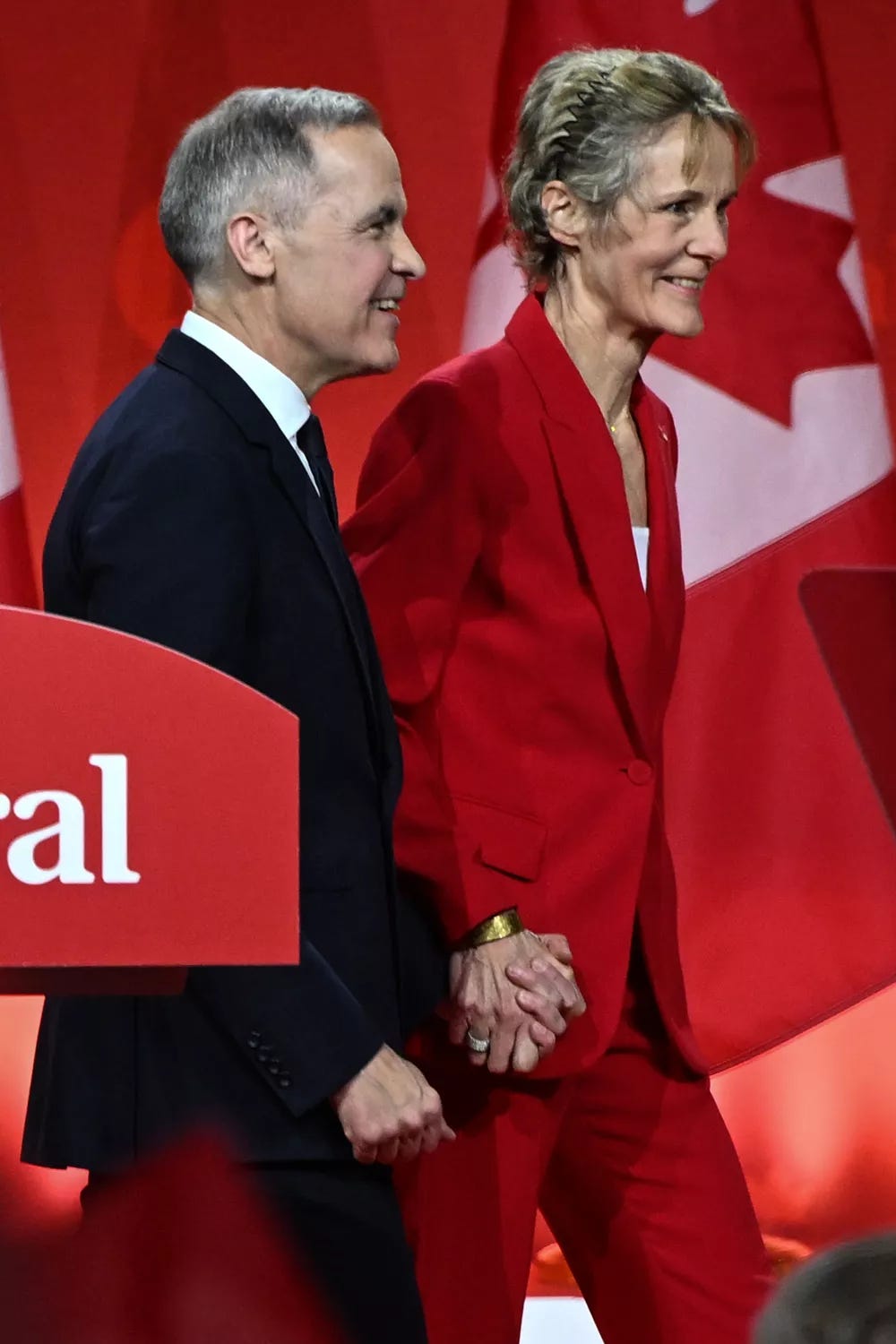Mark Carney and wife Diana Carney following the official announcement of the 2025 Liberal Leadership race results in Ottawa, Ontario, Canada, on March 9, 2025.