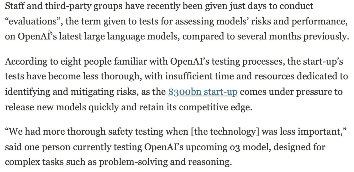 Financial Times screenshot on OpenAI cutting safety‑testing timelines.