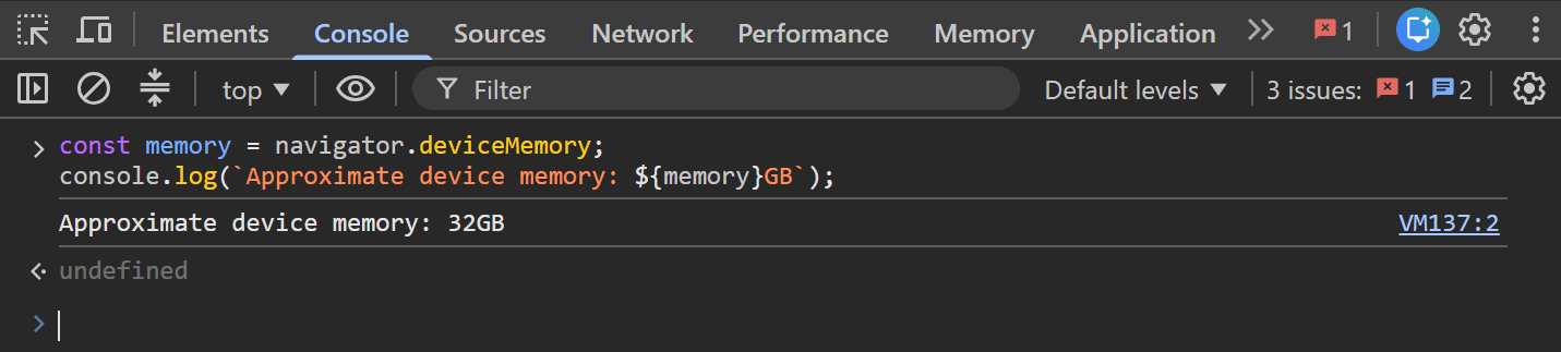 Note the number of GBs of RAM estimated by navigator.deviceMemory