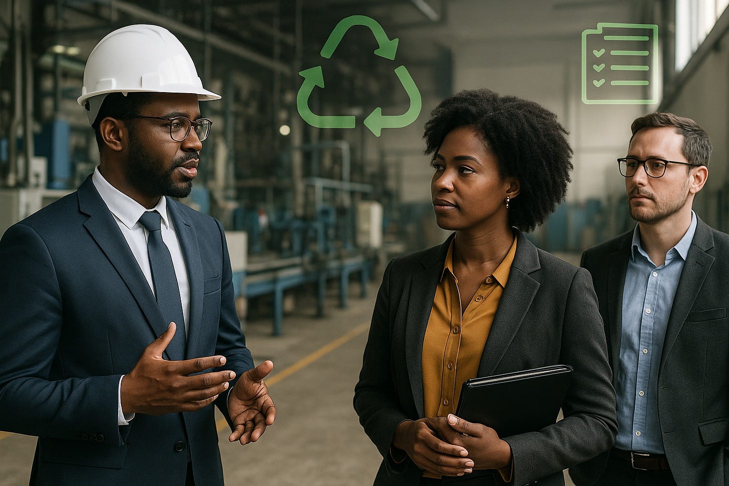 AI-generated image of three business professionals, one in a hard hat, in a factory with a recycling symbol.