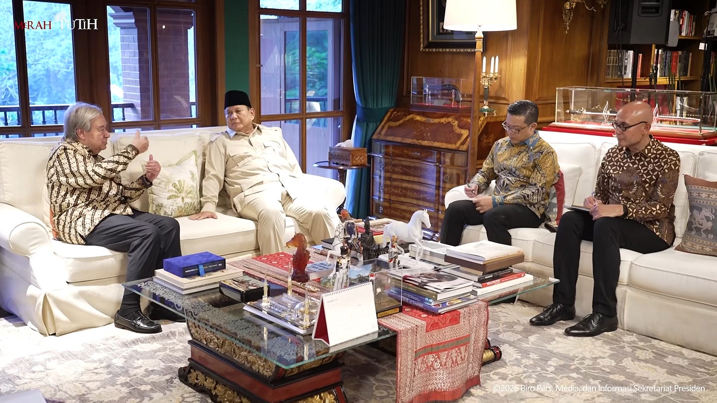 Four people sit in a room during a bilateral meeting in Hambalang, West Java, on Sunday (18 October). On the left are UN Secretary-General António Guterres and Indonesian President Prabowo Subianto, who meet to strengthen the partnership between the UN and Indonesia, promote multilateral cooperation, and address global challenges. On the right are Indonesian Coordinating Minister for Human Development and Cultural Affairs Pratikno and Foreign Affairs Minister Arrmanatha Nasir, who record the outcomes of the bilateral meeting between the two leaders.
