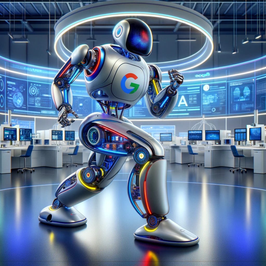 Imaginative concept of the Mobile Aloha robot, a collaboration between Google and Stanford University. The design is futuristic and sleek, incorporating advanced technology and artificial intelligence features. The robot is humanoid in shape, with a smooth, metallic surface, and integrated digital displays. It has articulated limbs for mobility and manipulation, and its head contains sensory equipment for environmental interaction. The color scheme is a mix of Google's brand colors - blue, red, yellow, and green - with Stanford's cardinal red and white. The robot is shown in a dynamic, engaging pose in a high-tech lab environment.