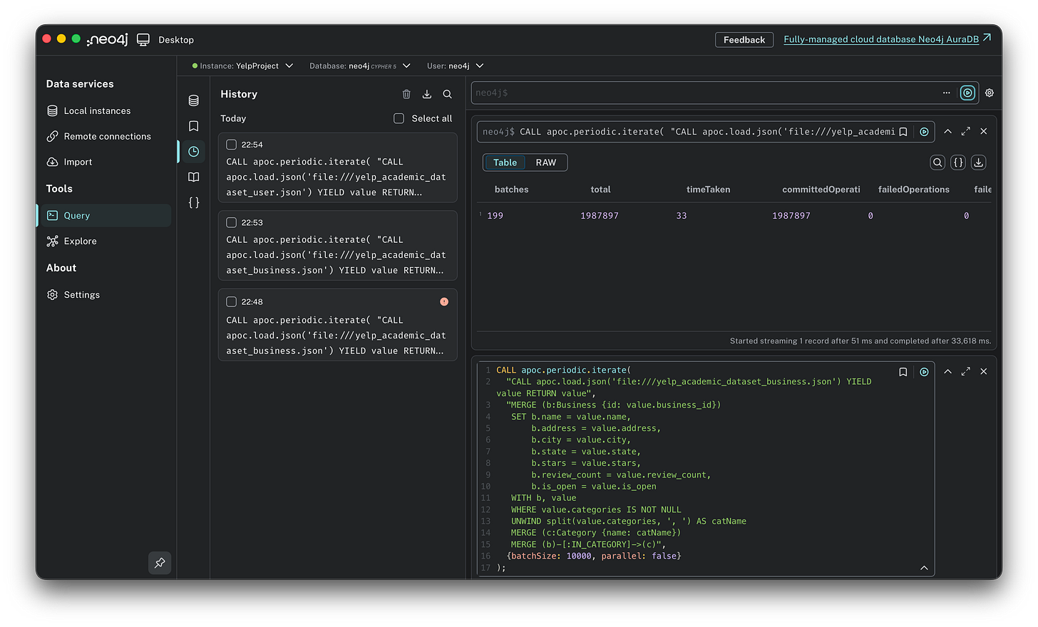 Neo4j query results showing the User import script completed in 33 seconds, creating 1,987,897 user nodes.