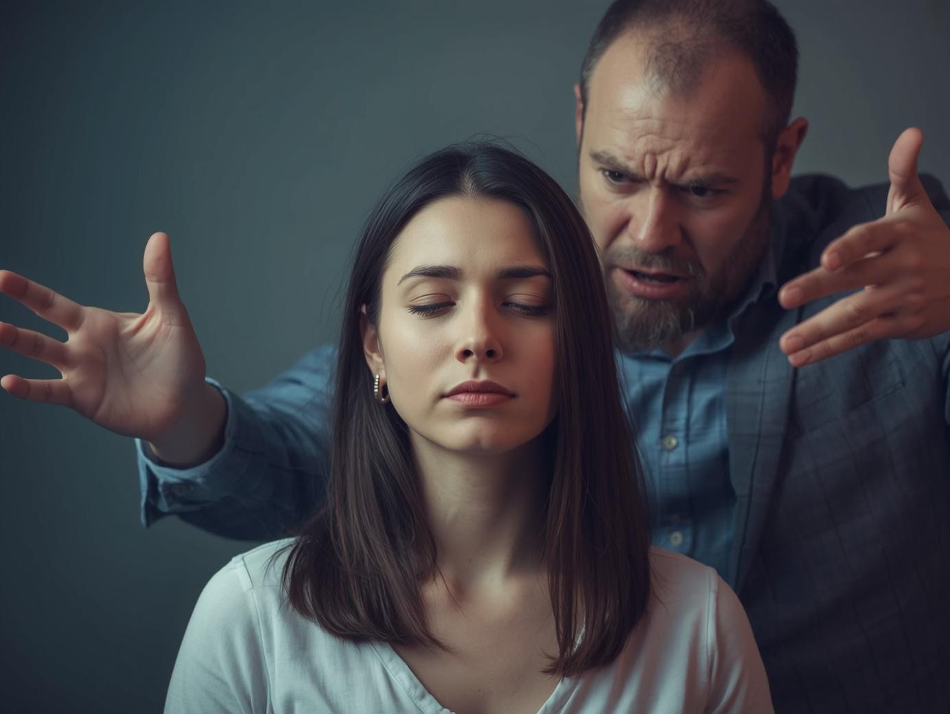 Bald man yelling at brunette woman she has eyes closed peaceful