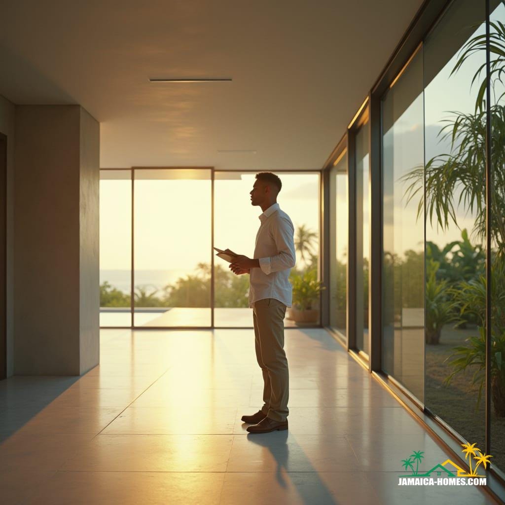 Surveyor in a crisp, white dress shirt and khaki pants, clipboard in hand, stands amidst the sleek, minimalist interior of an ultra-modern Jamaican home, surrounded by floor-to-ceiling windows and gleaming polished concrete floors, warm Caribbean sunlight casting a dramatic glow, cinematic lighting accentuating the scene, shot on a V-Raptor XL camera, film grain and subtle vignette adding texture and depth, color graded to evoke a sense of tropical warmth, post-processed to perfection, evoking the aesthetic of a 35mm film still, reminiscent of the works of cinematographer Roger Deakins, with the atmospheric grandeur of a Wes Anderson film, and the dramatic flair of a Stanley Kubrick masterpiece, infused with the vibrant spirit of Jamaican culture, a true epic and stunning work of art. Surveyor in a crisp, white dress shirt and khaki pants, clipboard in hand, stands amidst the sleek, minimalist interior of an ultra-modern Jamaican home, surrounded by floor-to-ceiling windows and gleaming polished concrete floors, warm Caribbean sunlight casting a dramatic glow, cinematic lighting accentuating the scene, shot on a V-Raptor XL camera, film grain and subtle vignette adding texture and depth, color graded to evoke a sense of tropical warmth, post-processed to perfection, evoking the aesthetic of a 35mm film still, reminiscent of the works of cinematographer Roger Deakins, with the atmospheric grandeur of a Wes Anderson film, and the dramatic flair of a Stanley Kubrick masterpiece, infused with the vibrant spirit of Jamaican culture, a true epic and stunning work of art.
