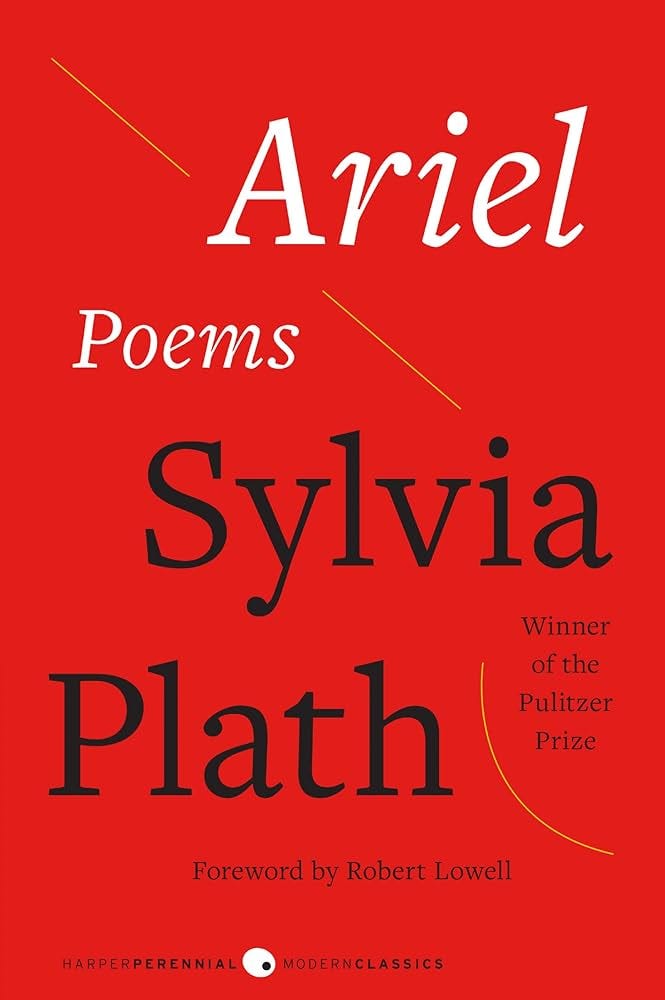 cover of Ariel by Sylvia Plath; the cover is red, black lettering; it announces there is a foreword by Robert Lowell