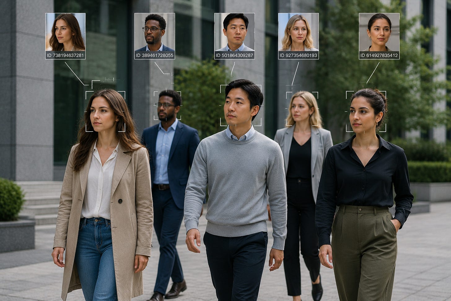An AI generated image of people walking down the street and their faces being recognized by AI An AI generated image of people walking down the street and their faces being recognized by AI