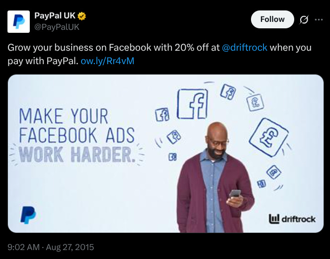 Image of PayPal post promoting Driftrock on X/Twitter