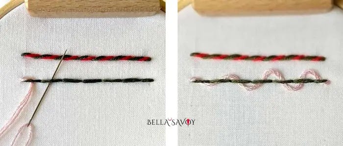 threaded back stitch in progress on left. Complete stitch on the right