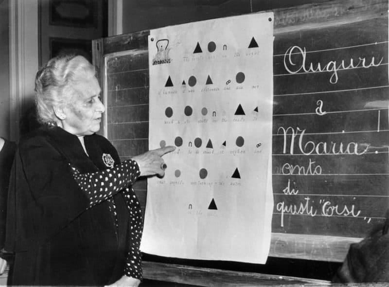 Dr. Maria Montessori teaching, pointing to a visual learning chart — what is Montessori in practice