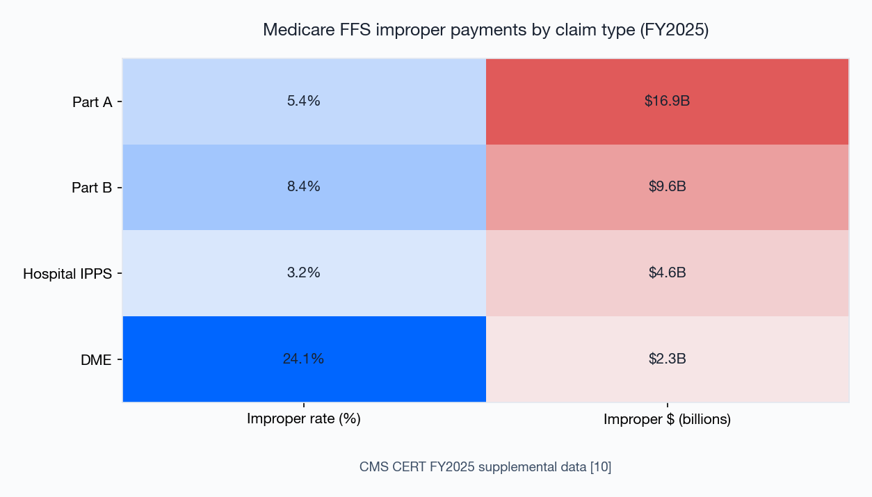 Figure 4: Medicare FFS improper payments by claim type — rate and dollar heatmap (CMS CERT FY2025) Figure 4: Medicare FFS improper payments by claim type — rate and dollar heatmap (CMS CERT FY2025)