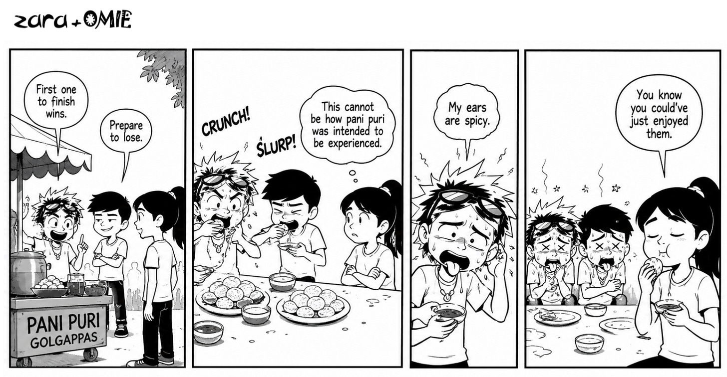 Veer and Jay race to eat pani puri while Zara calmly enjoys hers.
