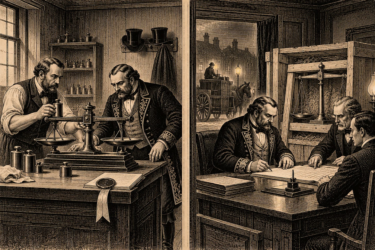 Wood-engraving editorial illustration in the Thomas Nast Harper's Weekly style for Attention Capital's essay The Meter Is the Market, depicting the essay's two falsifiable exits. In one room, the tally official and the showman jointly calibrate a repaired instrument with a certification seal waiting; in the other, the same showman signs a commission for a rival scale, crated for delivery. The image argues Section VI: if the NFL accepts Nielsen's completed co-viewing work, this was a vendor dispute; if the league funds or adopts a rival currency, the reference-rate argument was right, and the spread between those outcomes grades the essay. Keywords: NFL Nielsen resolution, alternative measurement, falsification, sports media rights cycle.