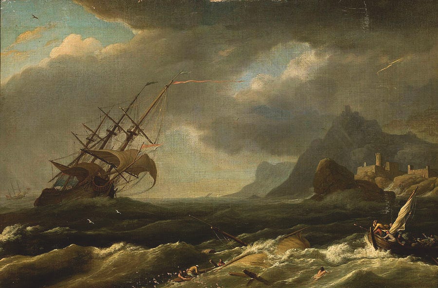 Survivors during a storm at sea Painting by Unknown French painter