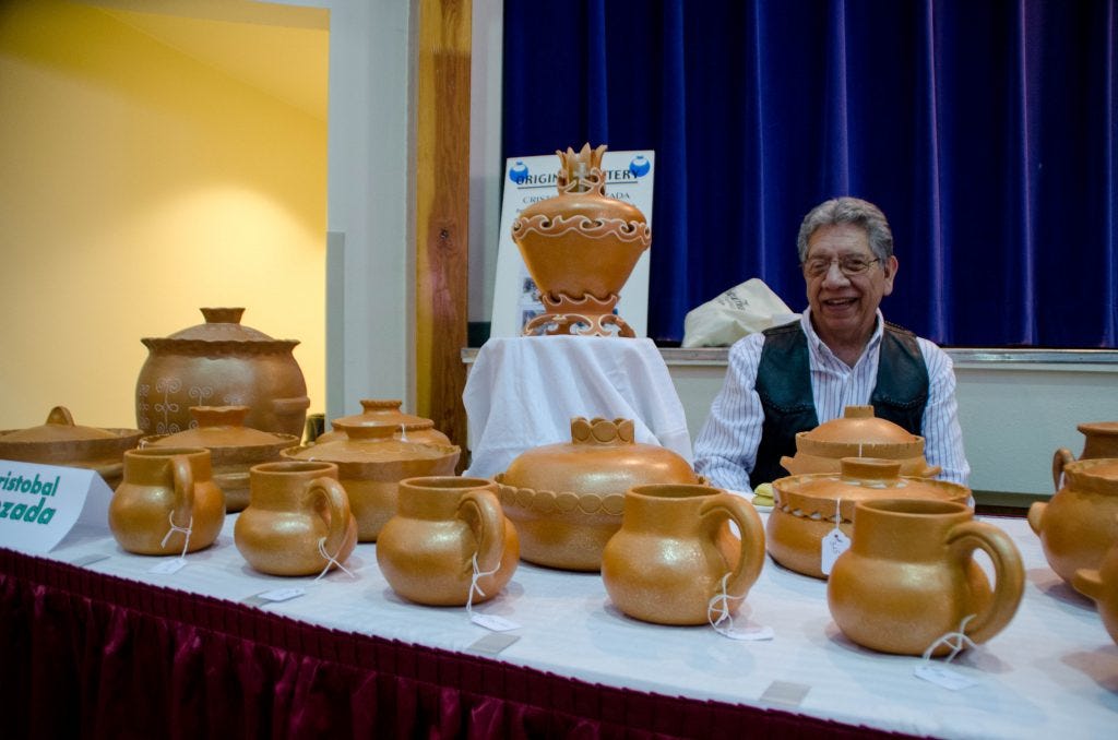 Micaceous pottery, as seen here by artist Cristobal Quezada, naturally fires with a sparkling, golden sheen, and requires no glazing.