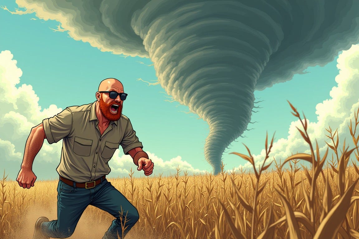 Draw in an anime style: a man angrily chasing a tornado on foot through a cornfield in Oklahoma. The man has a shaved head, red beard, and aviator sunglasses. Draw in an anime style: a man angrily chasing a tornado on foot through a cornfield in Oklahoma. The man has a shaved head, red beard, and aviator sunglasses.