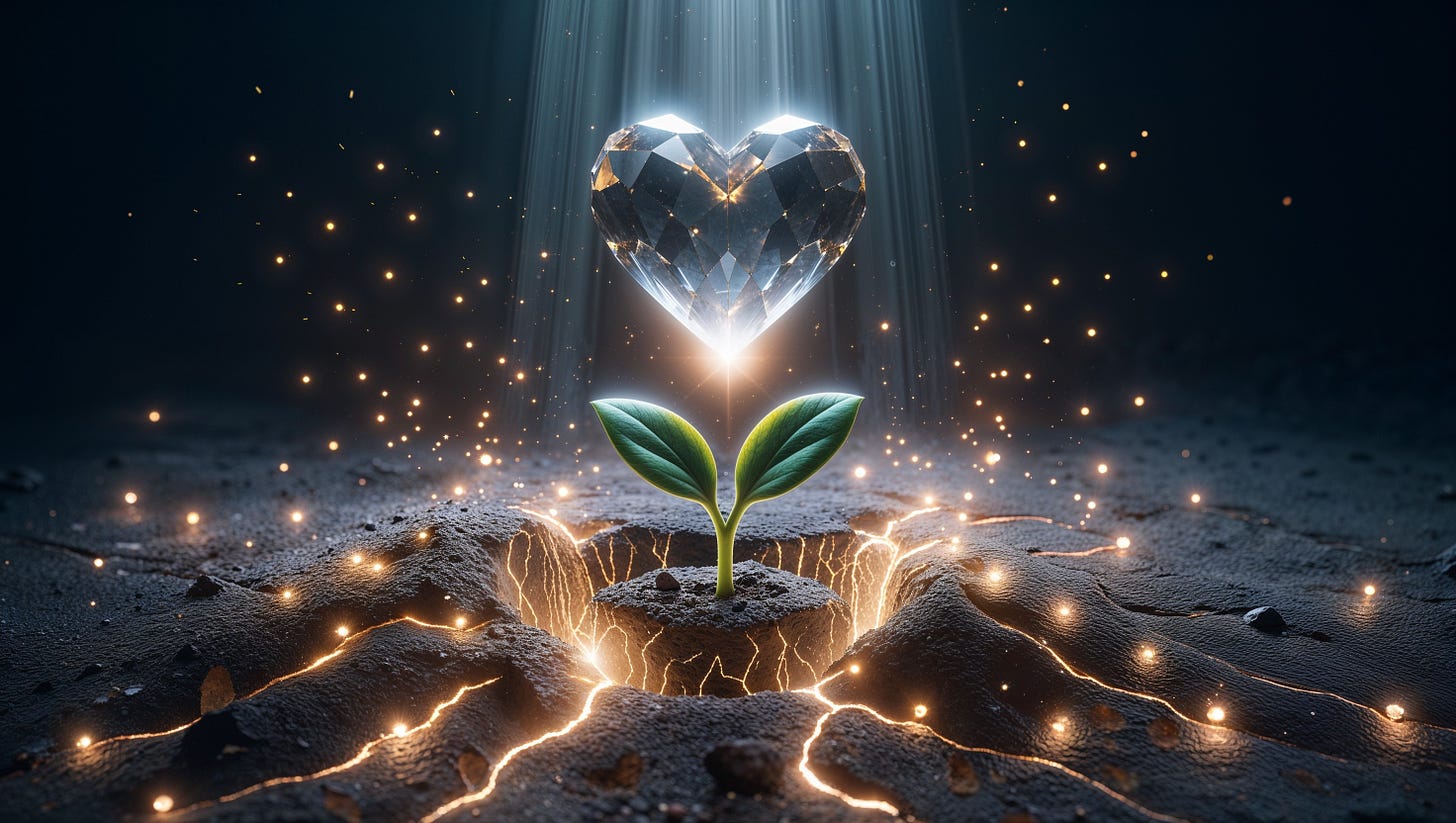 Illustrating Jeremiah 23:5–6, a small green seedling, the "righteous Branch," sprouts from dark earth as golden light erupts from cracks in the ground. Above the plant, a faceted crystal heart, representing "THE LORD OUR RIGHTEOUSNESS," glows brightly as it is illuminated by a beam of divine light from above, surrounded by floating sparks. Illustrating Jeremiah 23:5–6, a small green seedling, the "righteous Branch," sprouts from dark earth as golden light erupts from cracks in the ground. Above the plant, a faceted crystal heart, representing "THE LORD OUR RIGHTEOUSNESS," glows brightly as it is illuminated by a beam of divine light from above, surrounded by floating sparks.