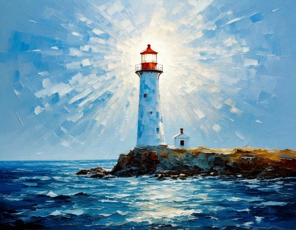 This is an AI-generated image of a lighthouse by the ocean.