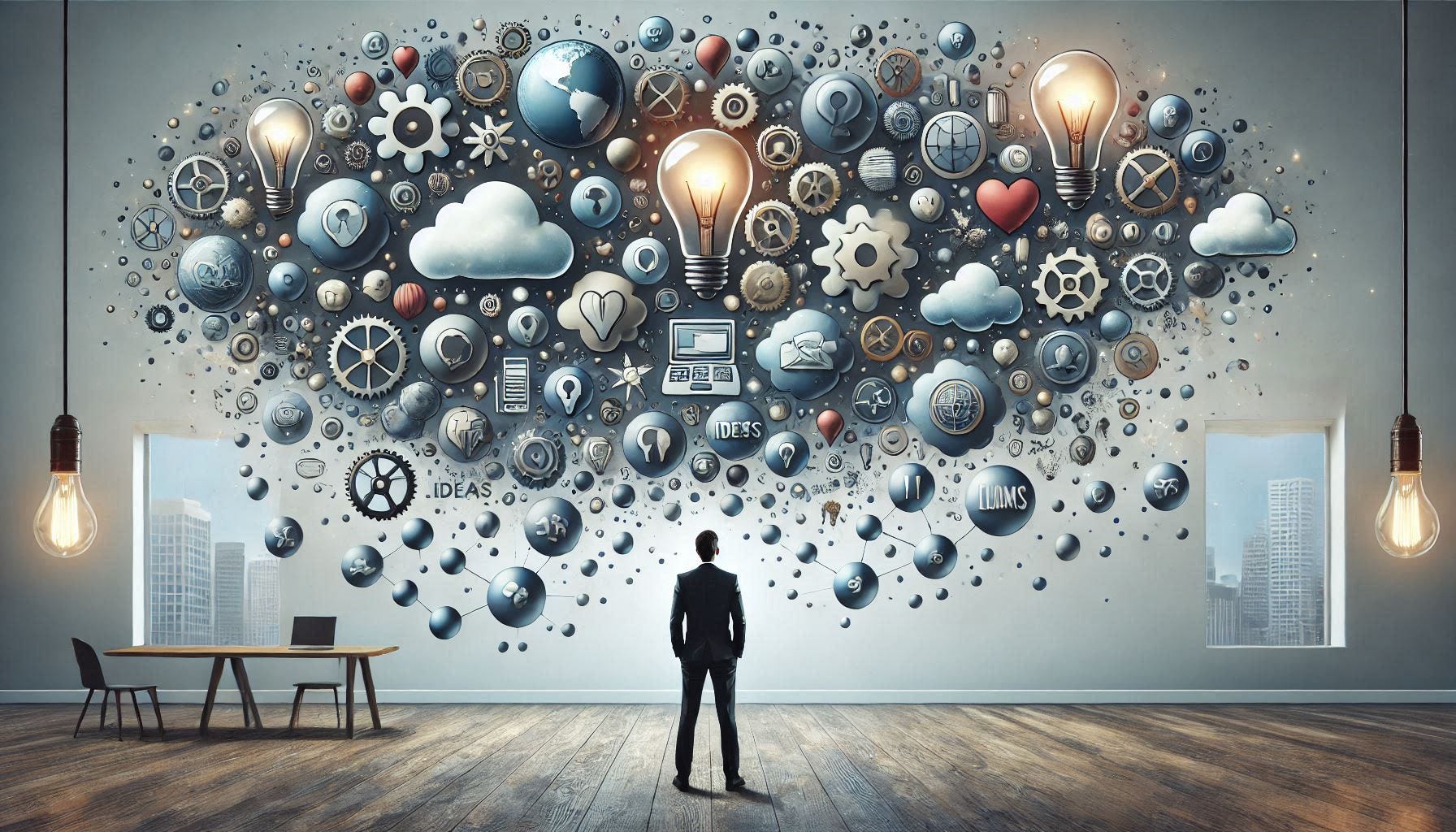 A persons stands in the middle of a room and floating round his head are many different thought bubbles with different ideas in them.