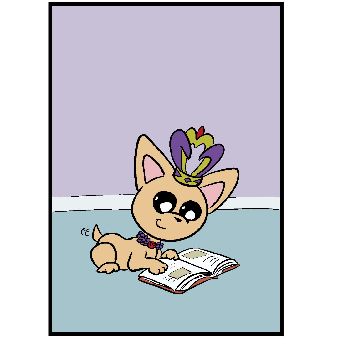 Panel 1: TeaCup Pup, a peach colored teacup Chihuahua puppy with an elaborate gold and purple crown, is laying on the floor reading from an open book quietly. Panel 1: TeaCup Pup, a peach colored teacup Chihuahua puppy with an elaborate gold and purple crown, is laying on the floor reading from an open book quietly.
