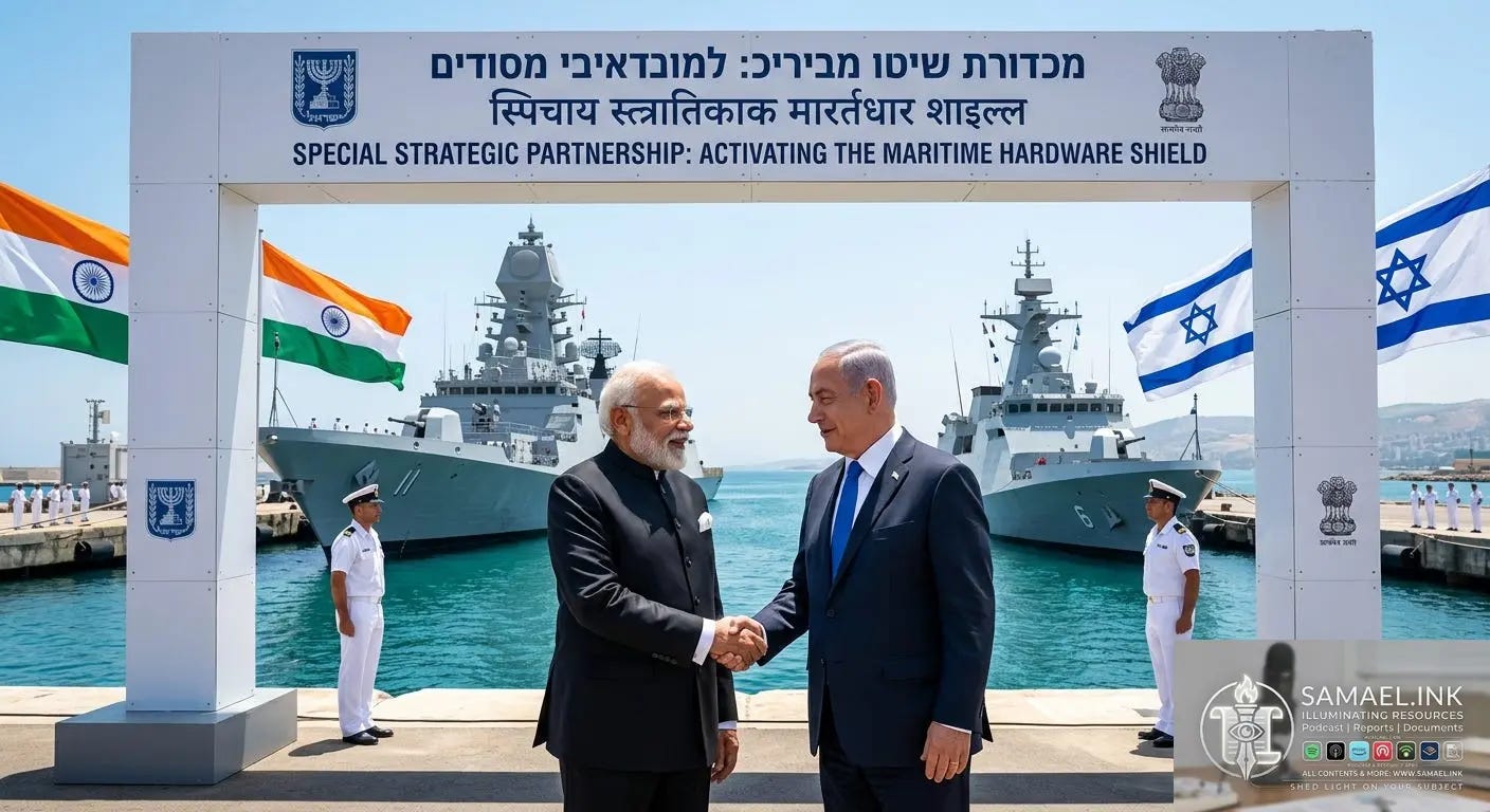 A high-resolution, wide-angle photograph capturing the official welcome ceremony of Indian Prime Minister Narendra Modi by Israeli Prime Minister Benjamin Netanyahu. They are on a pier at a Mediterranean naval base. A large white sign with text in Hebrew, Hindi, and English reads, "SPECIAL STRATEGIC PARTNERSHIP: ACTIVATING THE MARITIME HARDWARE SHIELD." Both leaders wear dark suits. They are smiling and shaking hands warmly. In the background, modern Israeli and Indian naval vessels are docked together, fully integrated. Indian and Israeli flags are flying. Sailors in uniform stand at attention, and the Mediterranean Sea stretches toward the horizon under bright sun. The image conveys powerful bilateral integration.