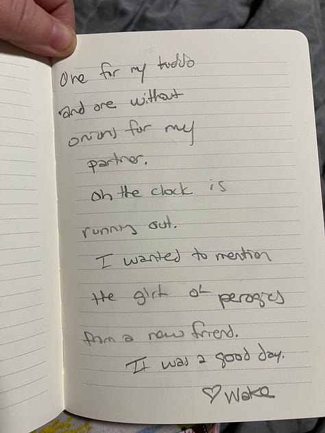 Four journal pages written with my eyes closed, soup, a poster for a writing workshop and an accidental whale drawn on a map by driving at night 