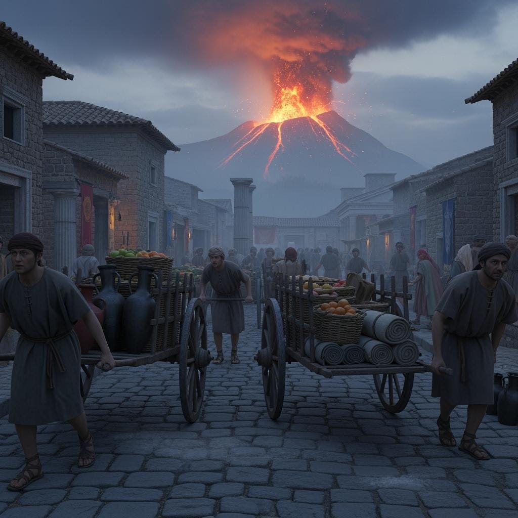 A volcano erupts in the background as peasants push carts around reminiscent of ancient rome_image_1
