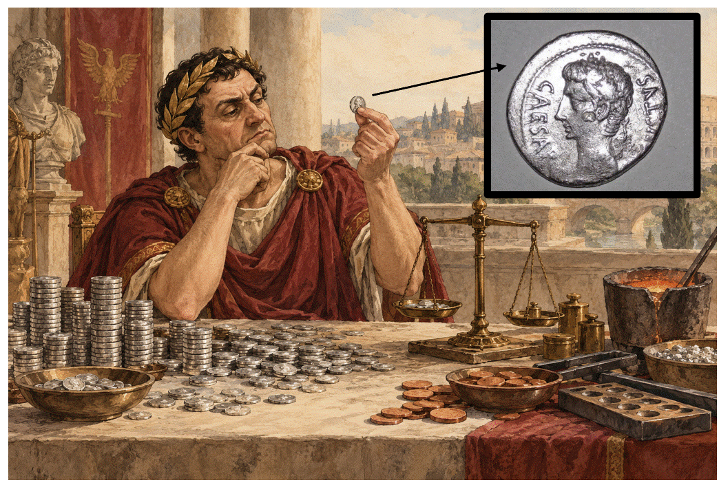 The image depicts a figure in classical Roman attire, holding a coin, and positioned beside scales and a coin tray, symbolizing justice and wealth.

AI-generated content may be incorrect.