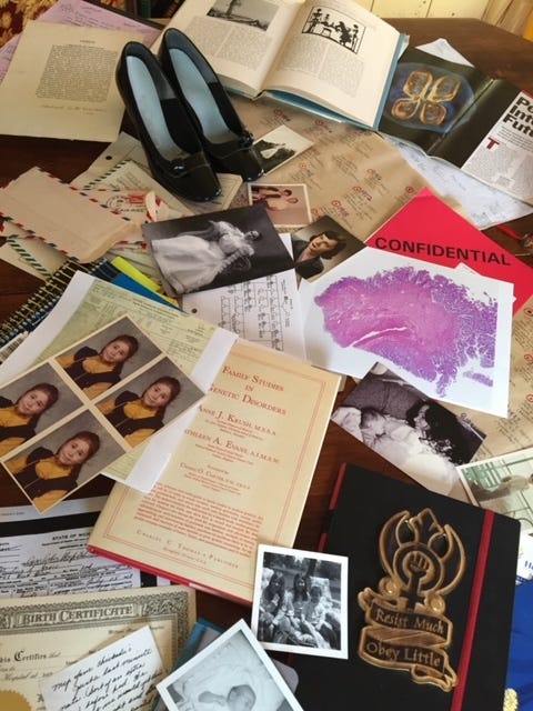Photo one is a table covered in photographs and medical texts and journals. Photo two is a book, Before my TIme on top of a seafoam green typewriter