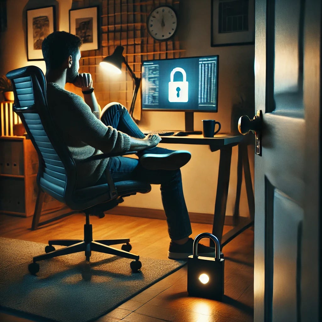 A person locking a door, then turning on a computer and preparing to focus. The setting is a cozy home office with a dimly lit, focused atmosphere. The person is wearing comfortable but professional attire, sitting in a modern ergonomic chair. The computer screen glows as they prepare to work, with a cup of coffee nearby.