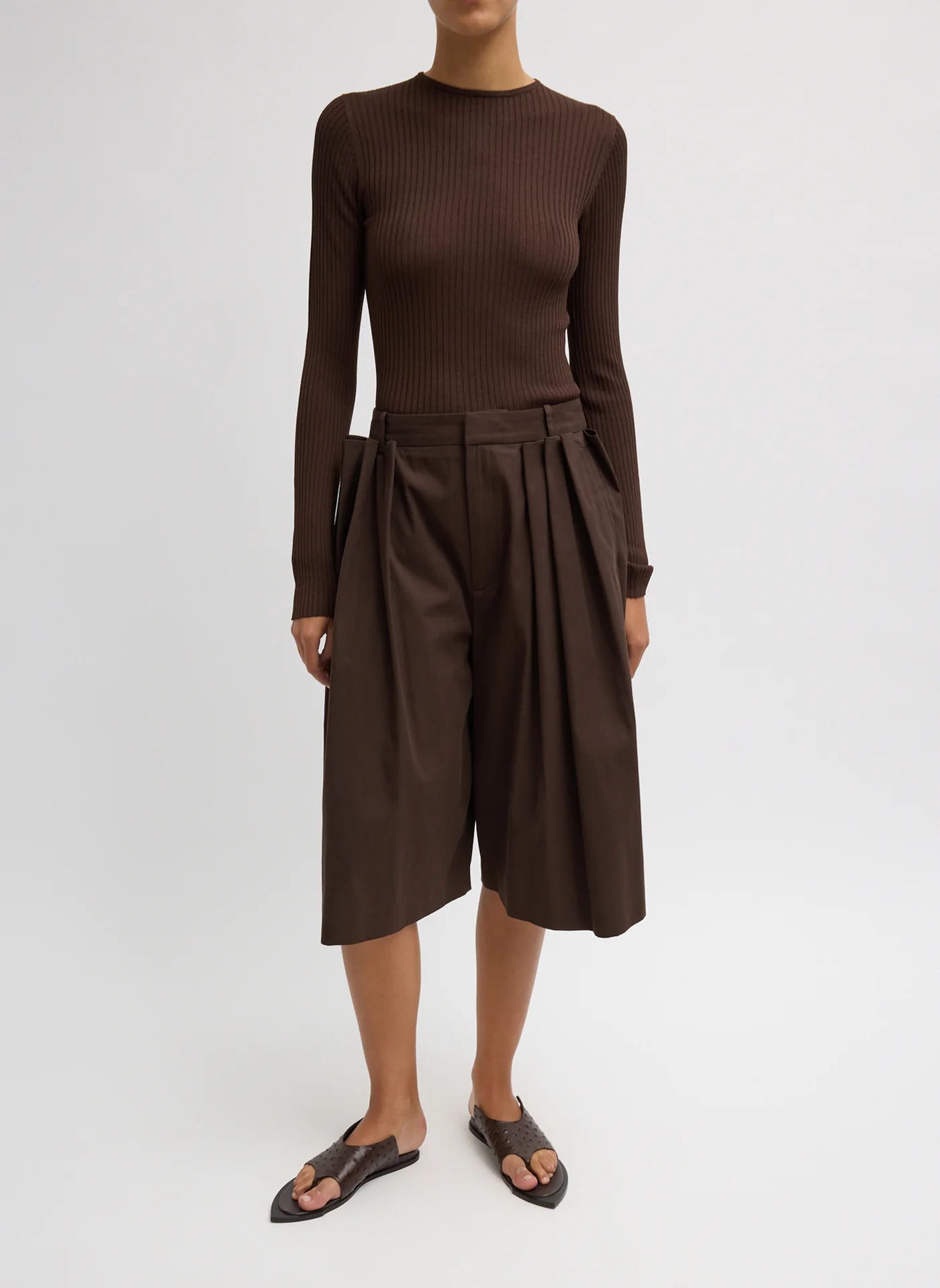 what color shoes go with a chocolate brown dress Tibi Lutz Knit Godet Midi Skirt Brown/Black Multi