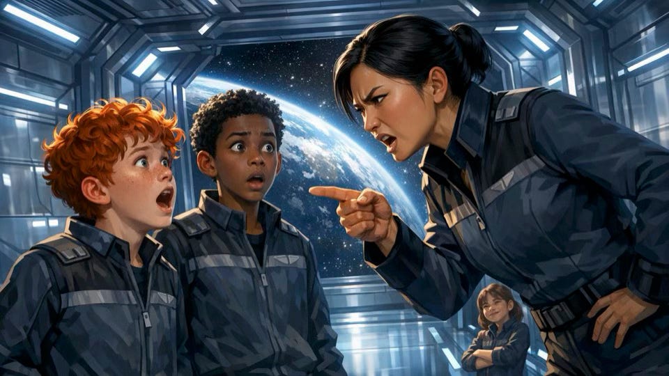 teacher scolding two boys on a space staion with a smug girl watching them get in trouble on a space station