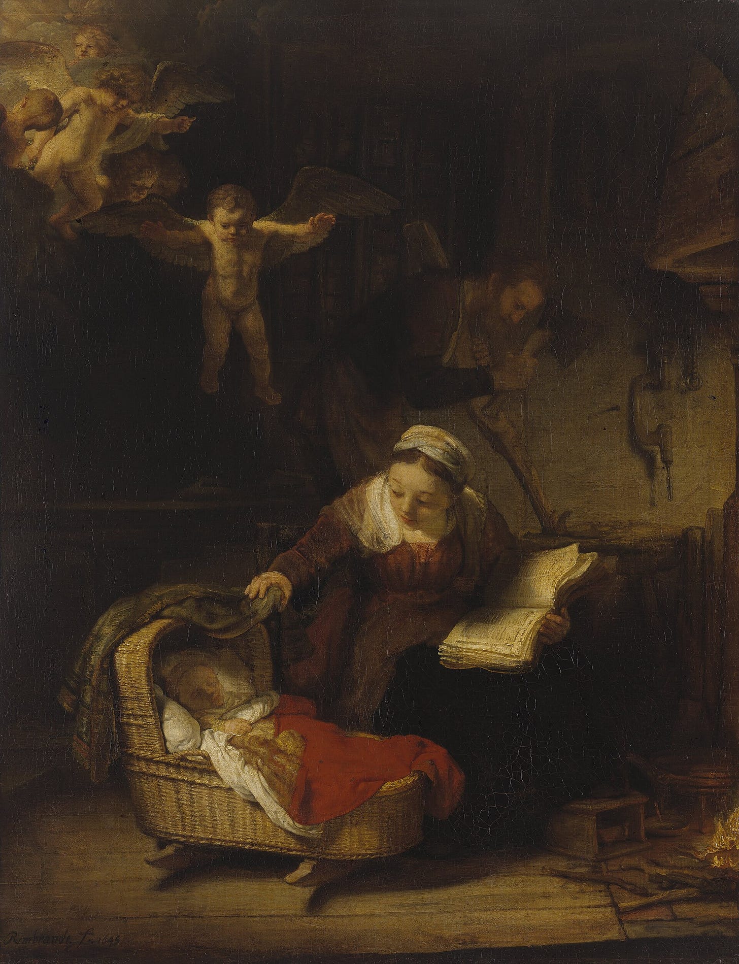 In a dim, warm room, Mary draws back a curtain to look at her baby son, Joseph works at his bench in the background, and small angels float down through a shaft of golden light.