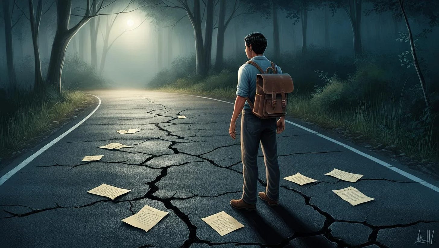 A person standing alone on a dimly lit road at night, holding a small backpack, facing a trail that disappears into a foggy forest. Behind them, the road is broken and cracked—symbolizing a lost job or broken path. Ahead, the forest trail is uncertain, but soft light filters through the trees, hinting at hope and possibility.